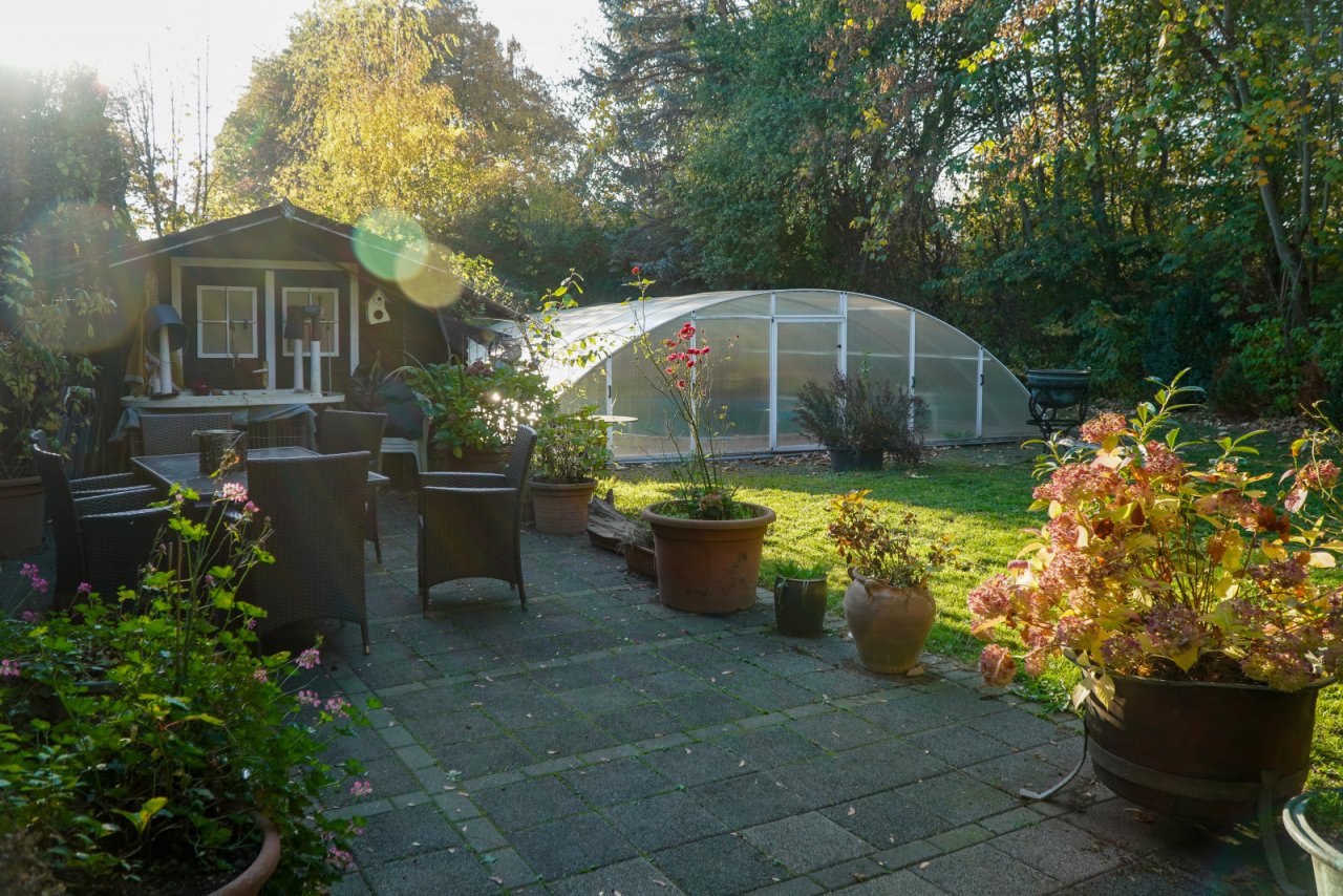 Terrasse, Gartenhaus und Pool